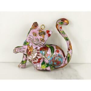 Cat Kitten Lovers Christmas Ornaments 3 1/2" Enamel Folk Art 90's Holidays Pink